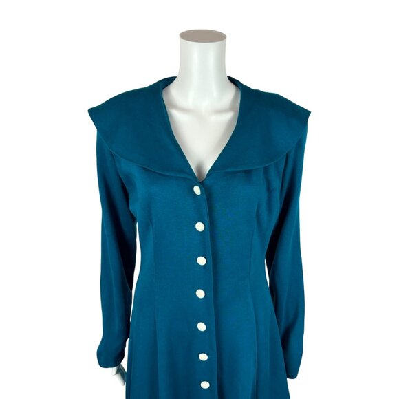 Vintage 80s Sailor Dress Women's Large Dark Turquoise Large Collar Button Down - Picture 3 of 10